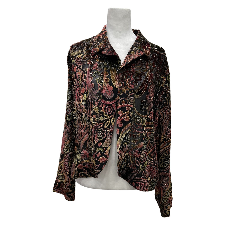 Chicos Sz 2 Lg Black Multicolored Open Velvet Burnout Relaxed Cardigan Blouse
